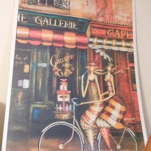 Poster French Ladies on bicycle in front of Cafe